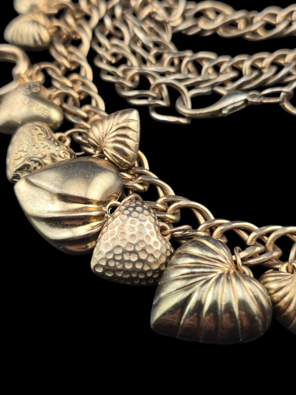 Vintage 40" Puffy Heart Charm Belt/Necklace Large Brassy Gold-Tone 80's - Picture 5 of 9